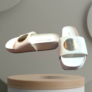 Tory Burch PATOS Cloud Platform Wedge Leather Slides Ivory Gold Discs 8.5 NWOT